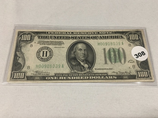 1934 $100 Legal Tender, Very Faint Center Fold Mark In Light