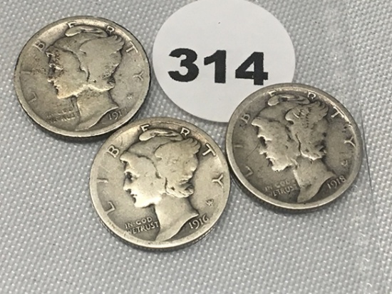 1916-S, 17-D, 18-S Mercury Dimes