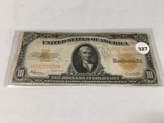 1922 $10 Legal Tender Gold Certificate, (Folds, Circulated)