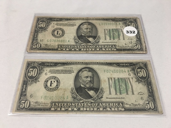 (2) 1934 $50 Legal Tender (One With Folds)