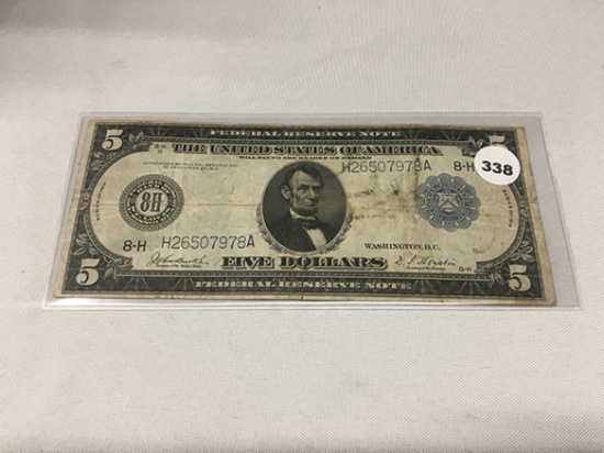 1914 $5 Federal Reserve Note, (Folds, Stains)