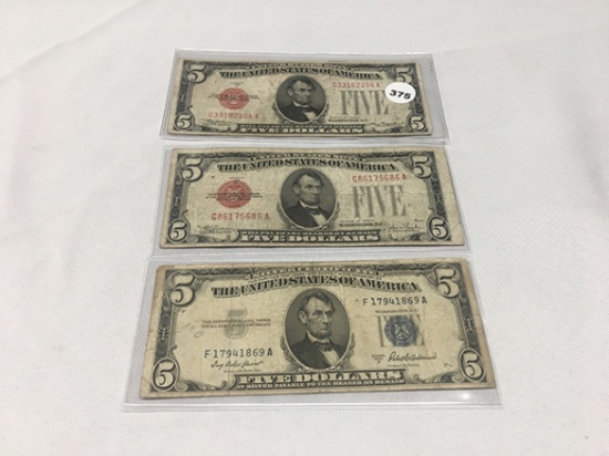1928-B, 1928 (Red), 1953-A (Blue) $5 Legal Tender, (Circulated)