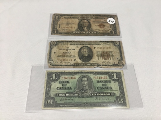 1935A Hawaii $1, 1929 Atlanta $20, 1937 Canada Note
