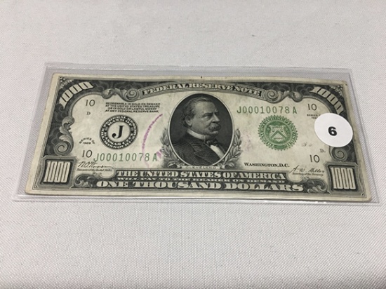 1928 $1000 Federal Reserve Note, Visable Fold Lines In Light, Great Eye Appeal