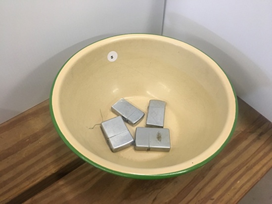 (4) Zippo Lighters and Enamelware Bowl