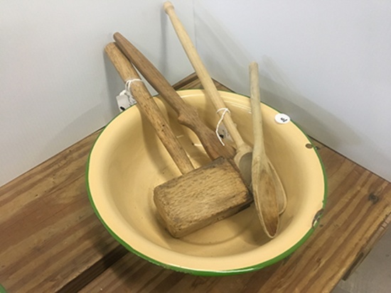 Enamelware Bowl and Wooden Utensils
