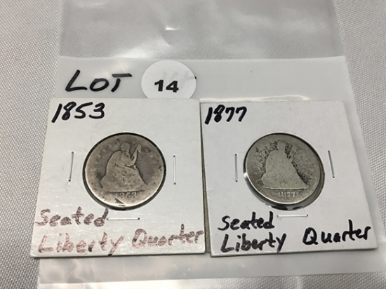 (2)  Seated Liberty Quarters, 1853 and 1877