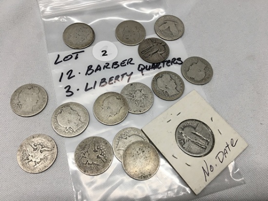 (12)  Barber Quarters, (3) Liberty Quarters