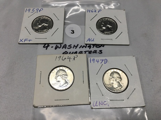 (4)  Washington Quarters AU-XF+ 1964, 1947-D, 1959, 1962
