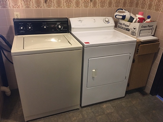 Frigidaire (Electric) dryer and Kenmore washer, small cabinet base, box of supplies