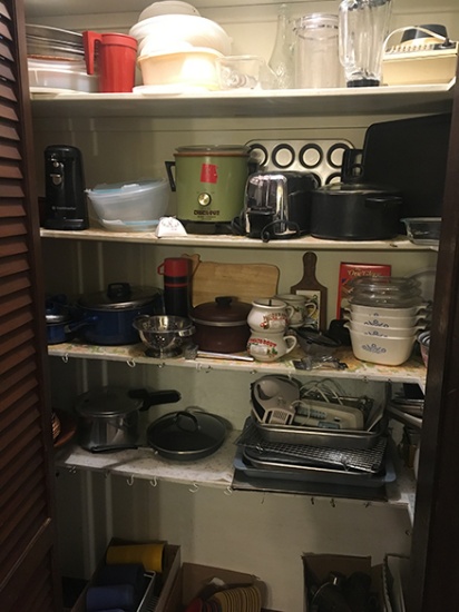 Large lot of various small kitchen appliances, pots, pans, baking dishes, etc.