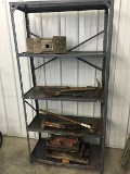 Metal shelf, ax, maul, floor dolly, etc.