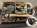 Pallet fo various containers of nuts and bolts, (2) Farmall valves, tire chains, salvage misc.