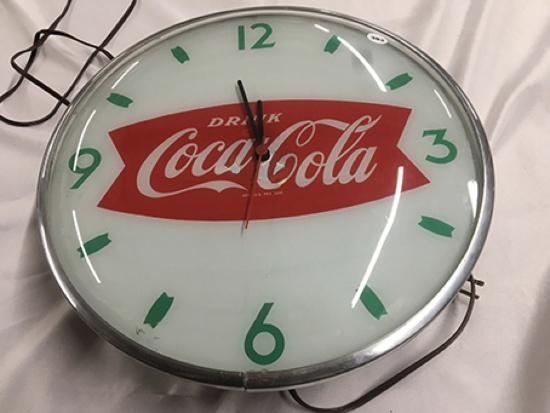 15 in. Coca Cola Clock, Glass, Has been touched up on face.
