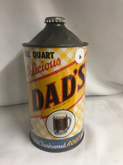 Rare Dads Root Beer Full Quart Cone Top Can, good condition