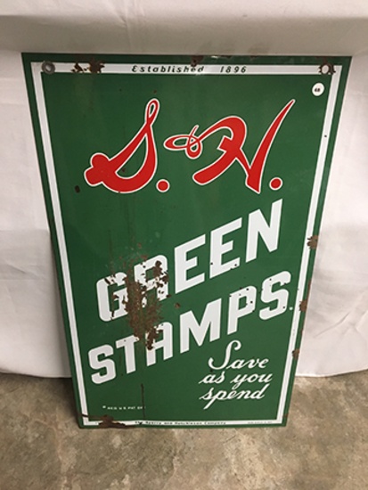 20  x 33 in. Vintage (2 sided) Porcelain Green Stamps Sign