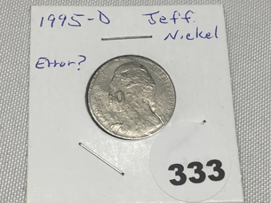 1995-D Jeff. Nickel error?, 10 on obv, Rosy dime rev impression on rev