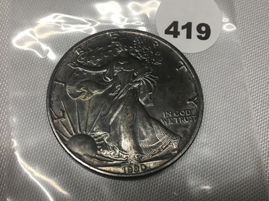 1990 Silver Eagle Blue/purple toning UNC