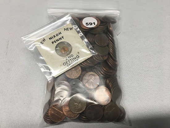 Bag of Memorial Cents and Nixon Penny
