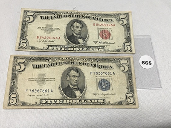 1953 Red & Blue Seal $5 Bills