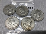 1951, 52-D, 54, 60-D, 63-D Franklin Half Dollars