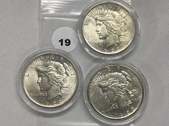 3 X $ 1922 Peace Dollars, UNC