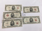 (5) 1928F, (2) 53-B, 53, 63 $5 Legal Tender, Circulated