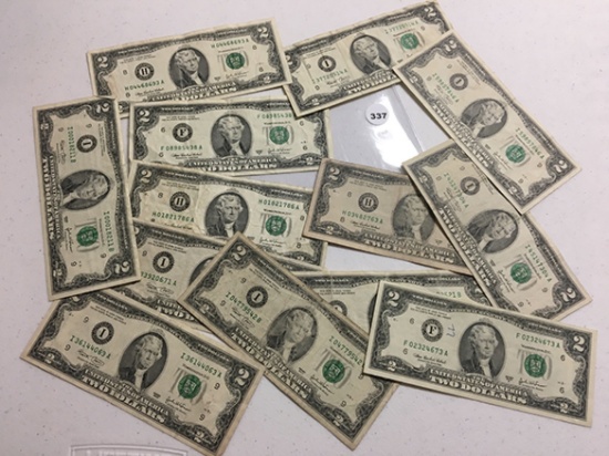 (13) Two Dollar Bills, Circulated