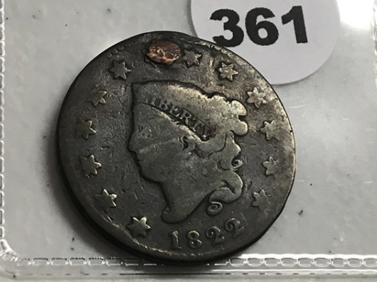 1822 Large Cent, Plugged Hole