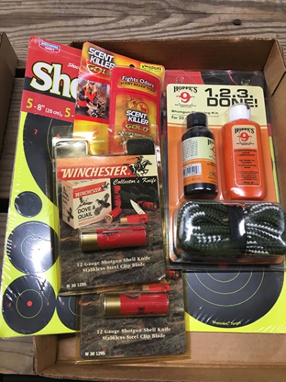 Lot of 2 Collector Knives, Target, Shotgun Cleaning Kit, Turkey Call, Deodorant