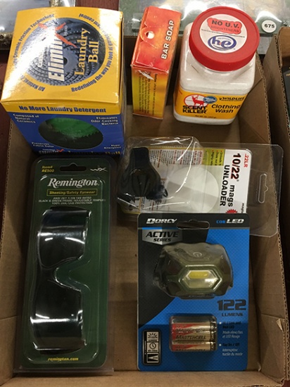 Remington Safety Eyewear, Dorcy LED Light, 10/22 Unloader, Laundry Ball, Bar Soap, Clothing Wash