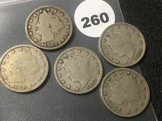1905, 06, 07, 08, 09 Liberty Nickels