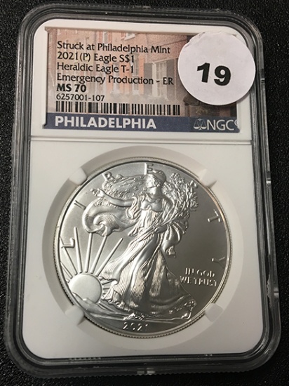 2021-P $1 Silver Eagle NGC MS70 Emergency Production Heraldic Eagle T-1