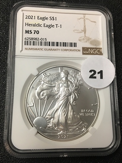 2021 $1 Silver Eagle NGC MS70 Heraldic Eagle T-1