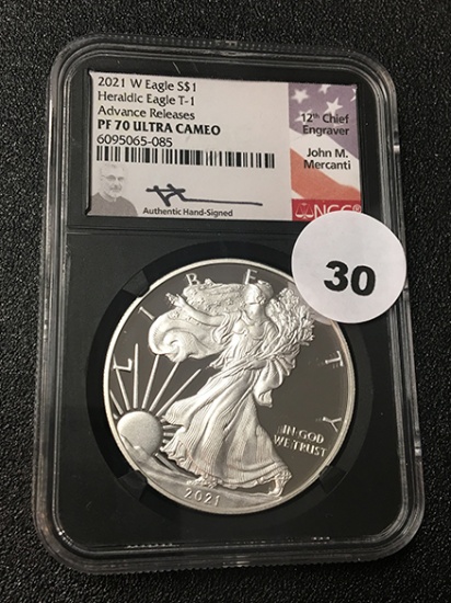 2021 $1 Silver Eagle NGC PF70 T-1 Ultra Cameo Advance Releases, J. Mercanti