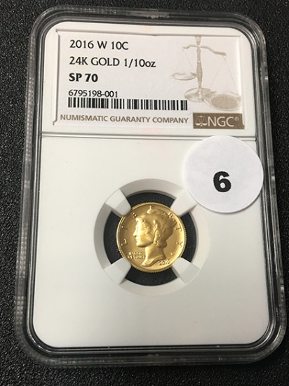 2016-W 10C Gold Mercury Dime NGC SP70 24k 1/10 oz.