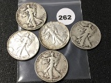 (5) 1938 Walking Liberty Half Dollars