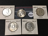 (5) 1955 Franklin Half, AU-UNC