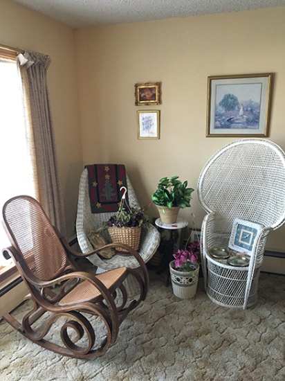 Wicker Chairs, Rocker, Small Marble Top Stand & Misc.