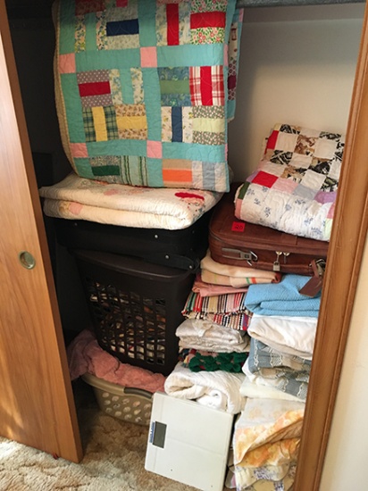 (2) Machine Made Quilt, Hamper Assorted Bedding, Luggage, Scale, etc.