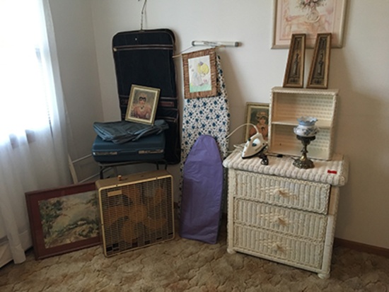 3 Drawer Wicker Stand, Ironing Boards, Small Lamp & Misc.