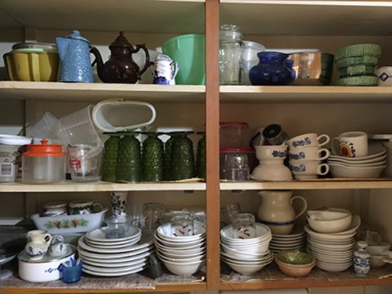 Pfaltzgraff Dishes & Misc. Dishes & Plasticware in Cabinet