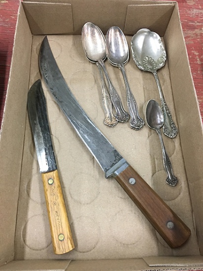 12 in. Butcher Knife, Old Hickory Knife and Serving Spoons