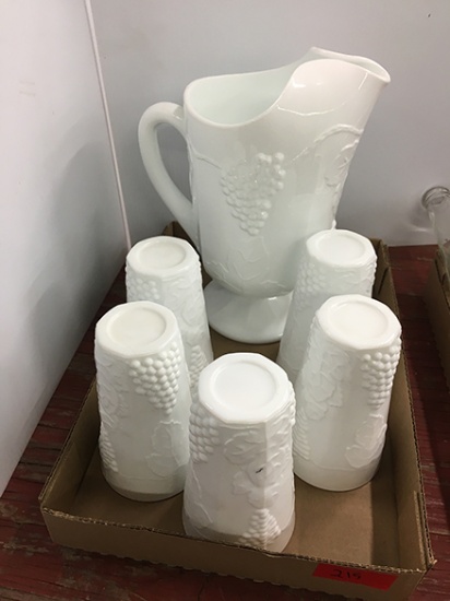 Milk Glass (Grape) Pitcher and Glasses