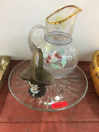 Westmorland Basket, Enamal Painted Pitcher and Cake Stand