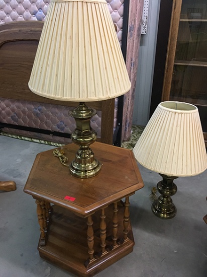 Side Table and 2 Brass Table Lamps