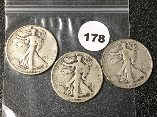 1929-D, 29-S, 33-S Walking Liberty Half Dollars