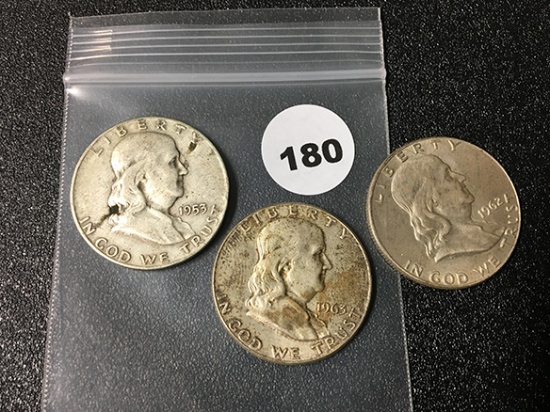 1953-D, 63, 62-D Franklin Half Dollars