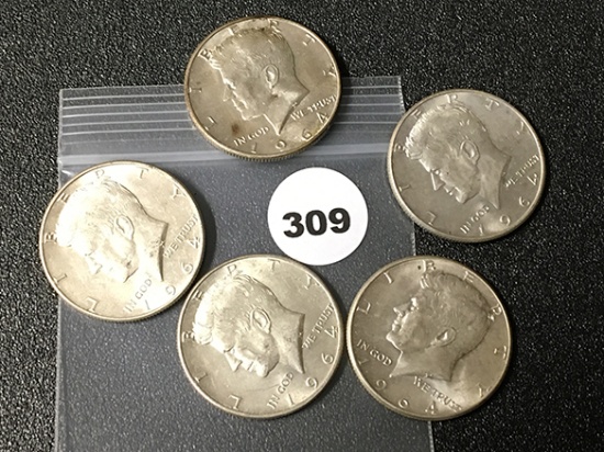(5) 1964 Kennedy Half Dollars
