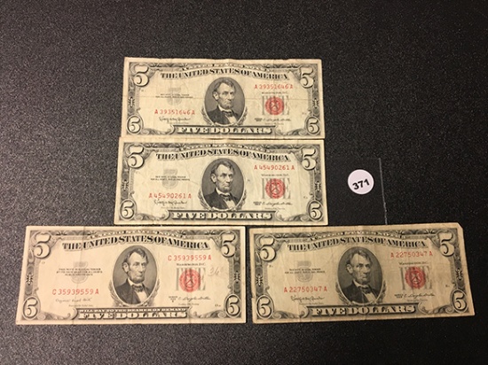 1953-B, (3) 1963 $5 (Red) Legal Tender, Circulated